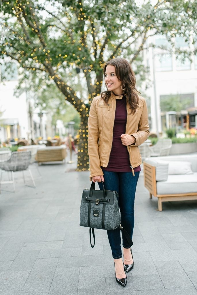 Light Brown Leather Jacket with Burgundy Top Light Brown Leather Jacket with Burgundy Top — Brown Jacket Outfit