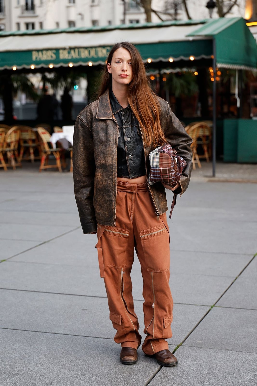 Distressed Brown Leather Jacket with Orange Cargo Pants Distressed Brown Leather Jacket with Orange Cargo Pants — Brown Jacket Outfit