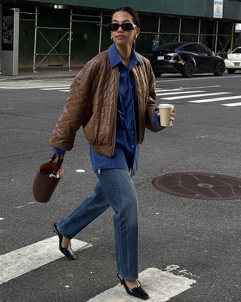 Brown Quilted Bomber Jacket with Denim Shirt and Jeans Brown Quilted Bomber Jacket with Denim Shirt and Jeans — Brown Jacket Outfit