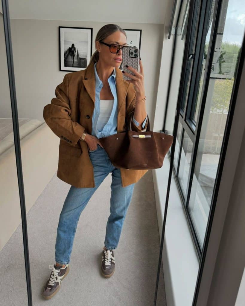 Brown Suede Blazer with Light Blue Shirt and Jeans Brown Suede Blazer with Light Blue Shirt and Jeans — Brown Jacket Outfit