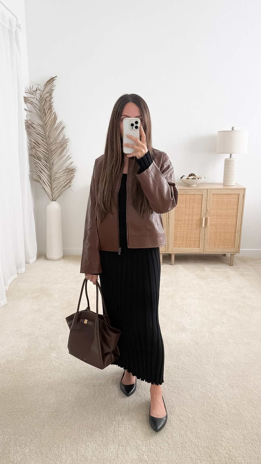Brown Leather-Like Jacket Over Black Knit Dress Brown Leather-Like Jacket Over Black Knit Dress — Brown Jacket Outfit