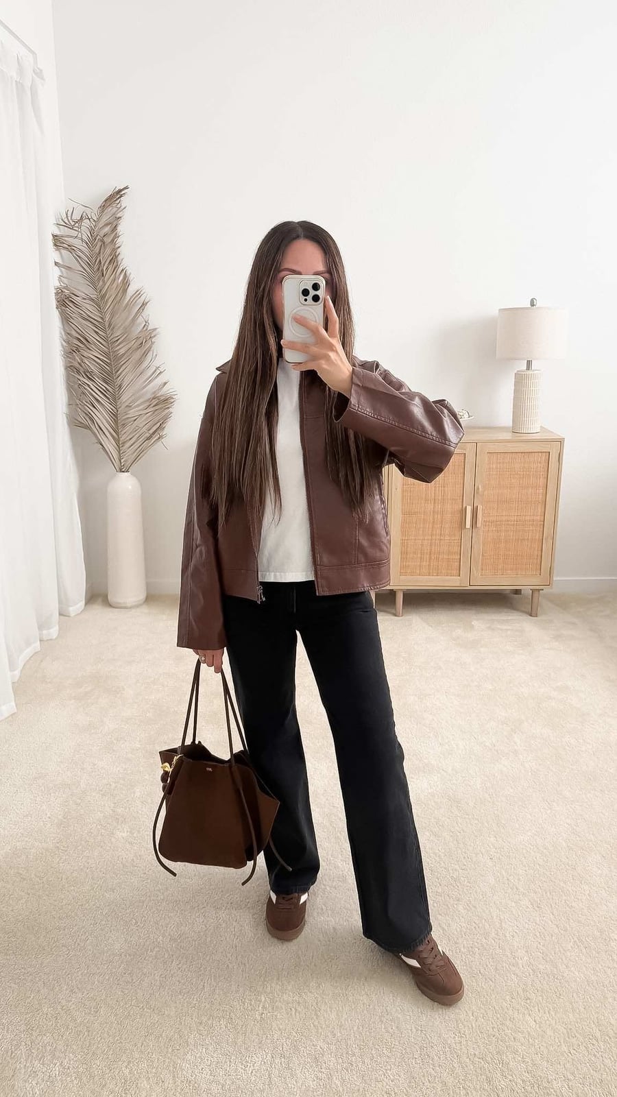 Black Leather Jacket Over Brown Corduroy Jumpsuit Black Leather Jacket Over Brown Corduroy Jumpsuit — Brown Jacket Outfit