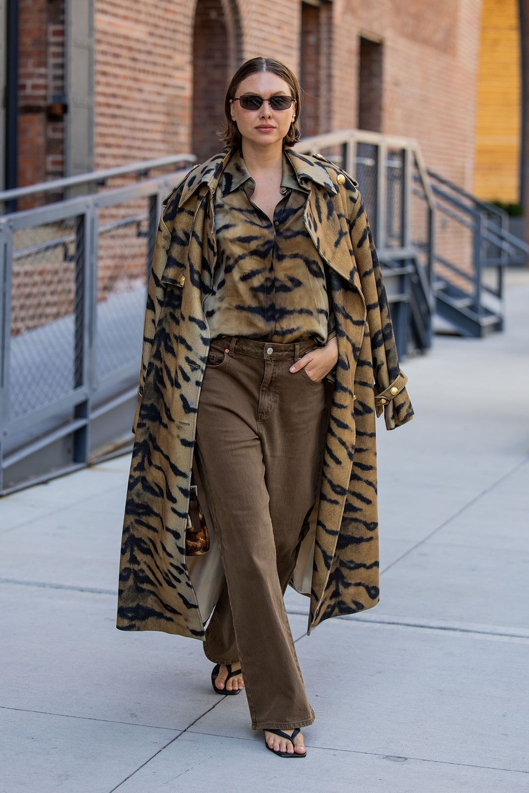 Brown Straight Leg Jeans with a Tiger Print Trench Coat — Brown Jeans Outfits