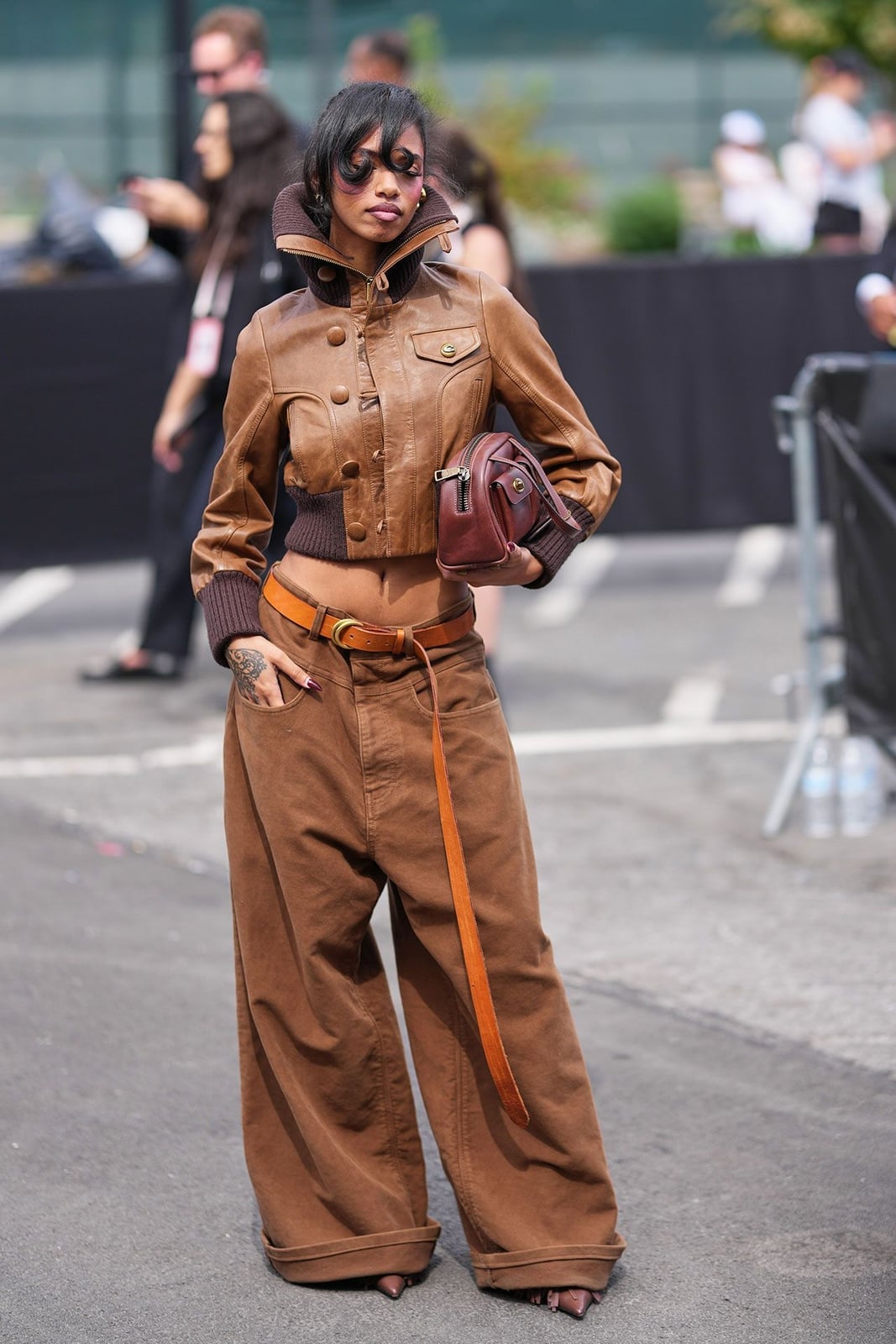 Brown Wide Leg Jeans with a Brown Knit Top and Leather Jacket — Brown Jeans Outfits
