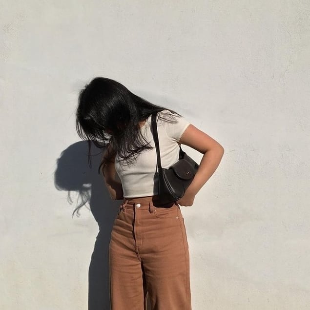 Brown Wide Leg Jeans with a White Cropped T-Shirt, Close-Up Take — Brown Jeans Outfits