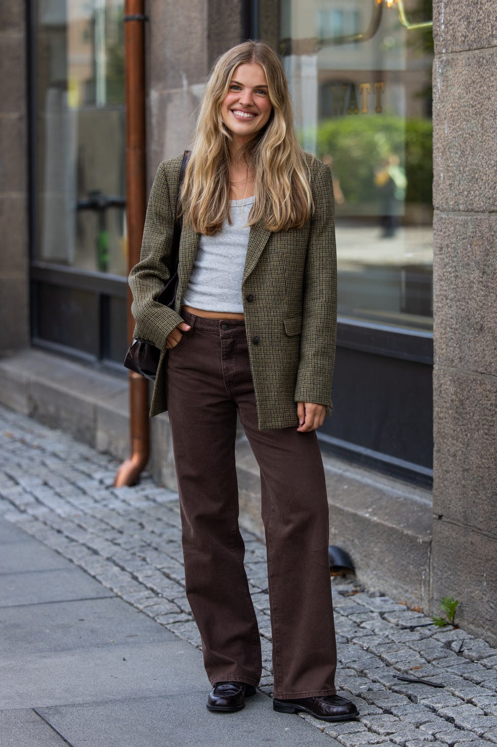 Brown Wide Leg Jeans with a Plaid Blazer, Everyday Version — Brown Jeans Outfits