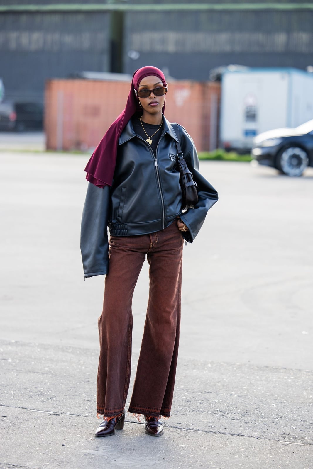 Brown Flare Jeans with a Leather Jacket and Scarf — Brown Jeans Outfits