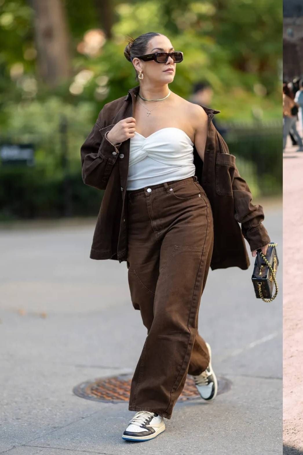 Brown Wide Leg Jeans with a Strapless Top and Overshirt — Brown Jeans Outfits