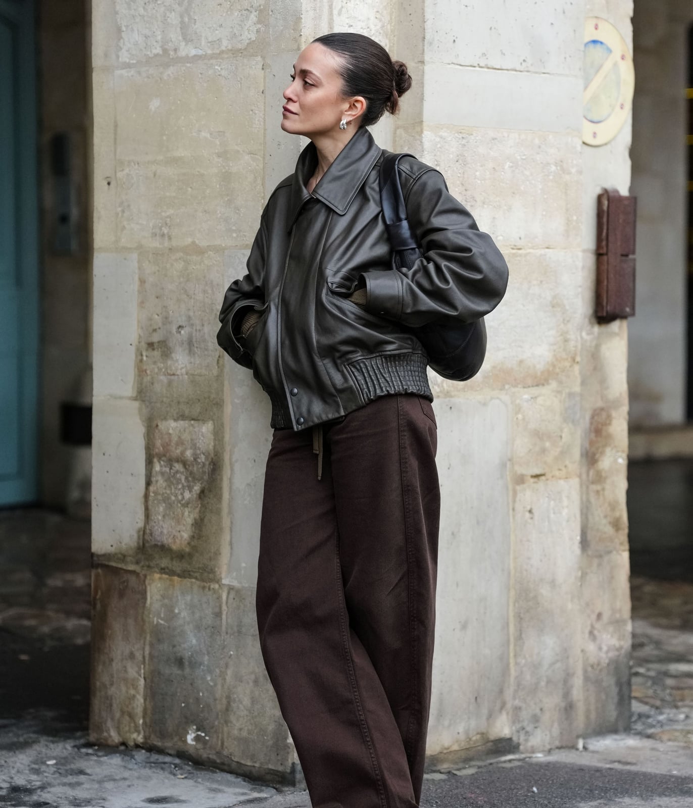 Brown Wide Leg Jeans with a Green Bomber Jacket — Brown Jeans Outfits