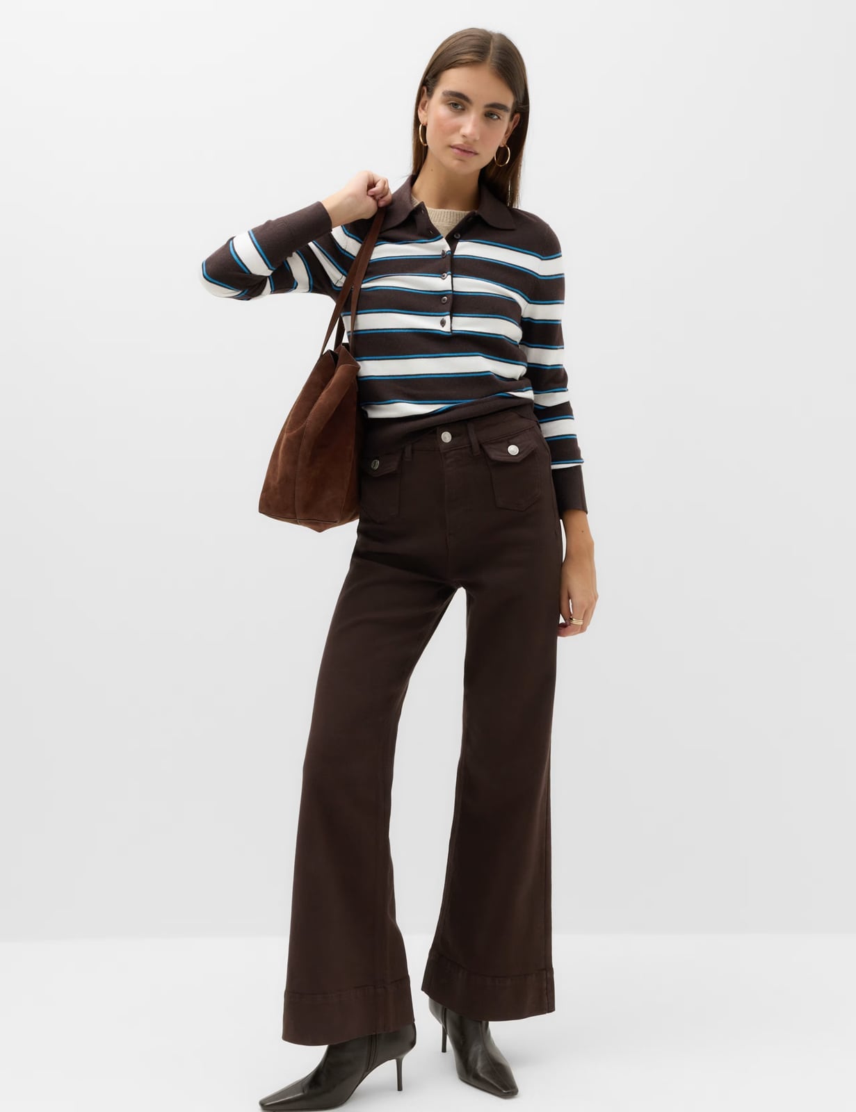 Brown Wide Leg Jeans with a Striped Polo and Knit Layer — Brown Jeans Outfits