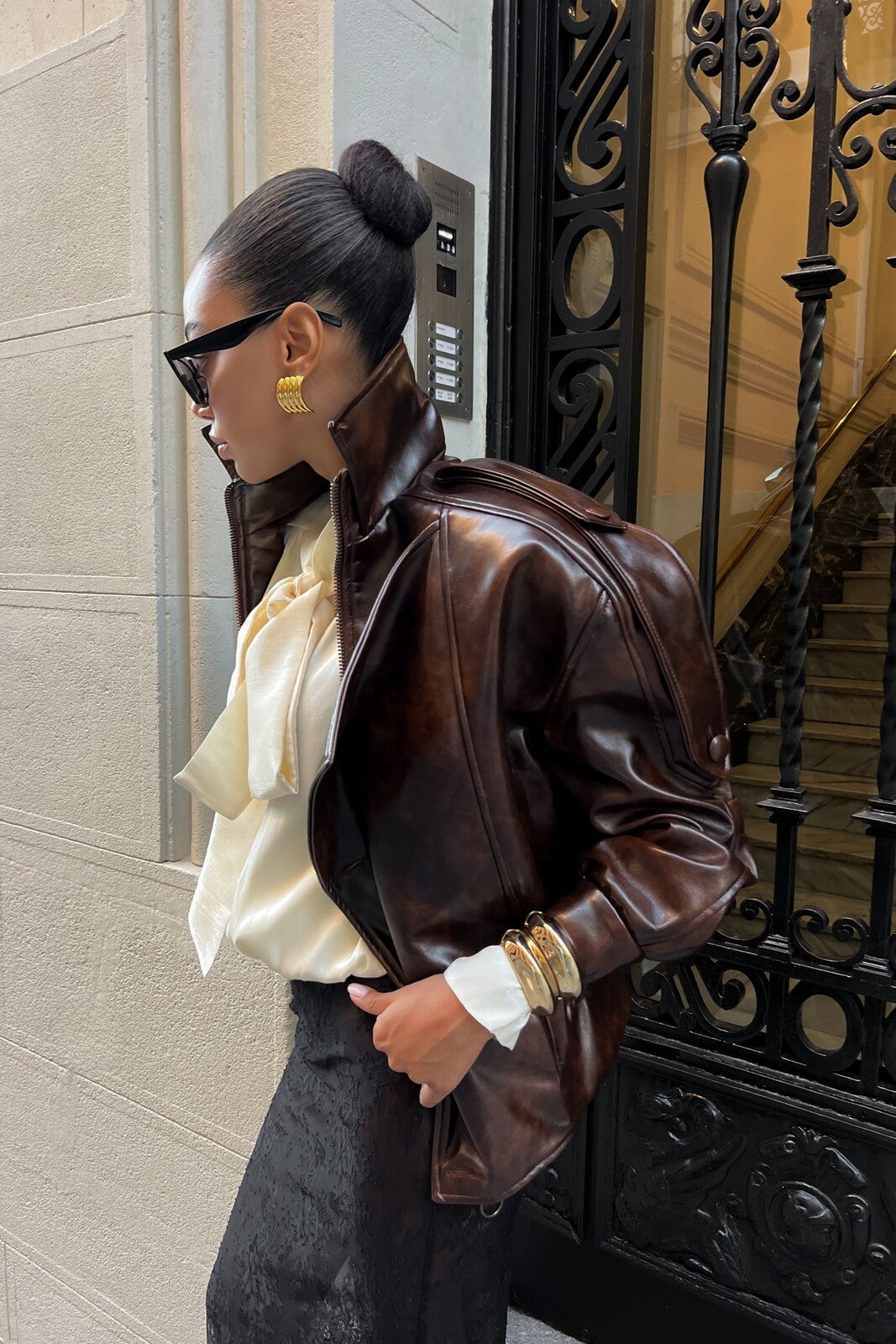 Brown Leather Jacket with a Silk Blouse and Gold Jewelry — Brown Leather Jacket Outfit