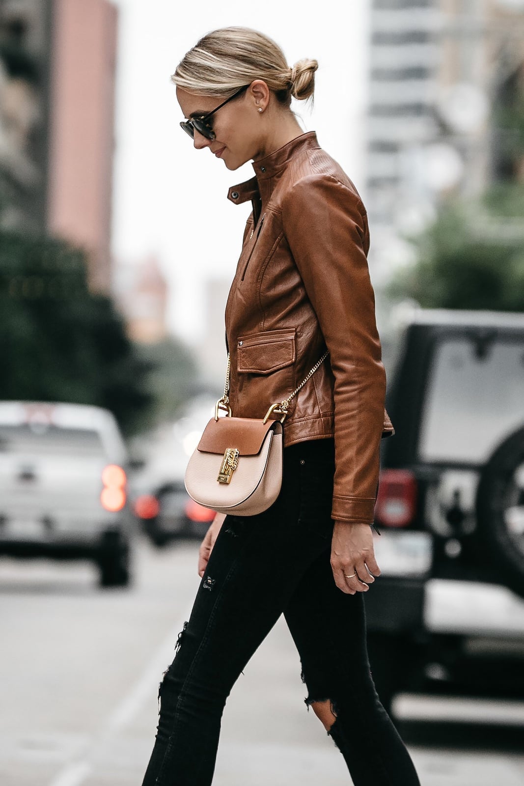 Brown Leather Moto Jacket with Ripped Black Jeans — Brown Leather Jacket Outfit