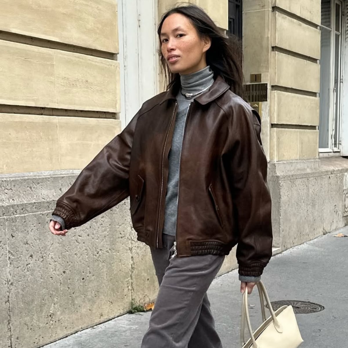 Oversized Brown Leather Bomber Jacket with Gray Turtleneck — Brown Leather Jacket Outfit