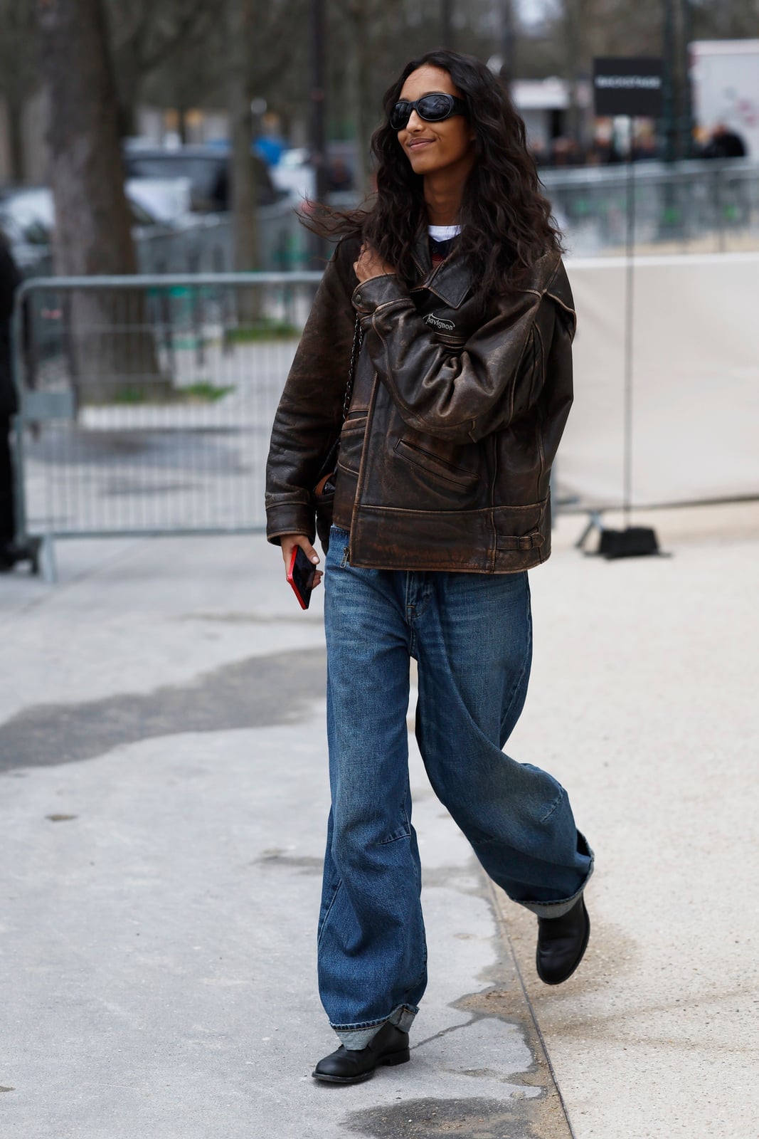 Oversized Distressed Brown Leather Bomber with Wide-Leg Jeans — Brown Leather Jacket Outfit