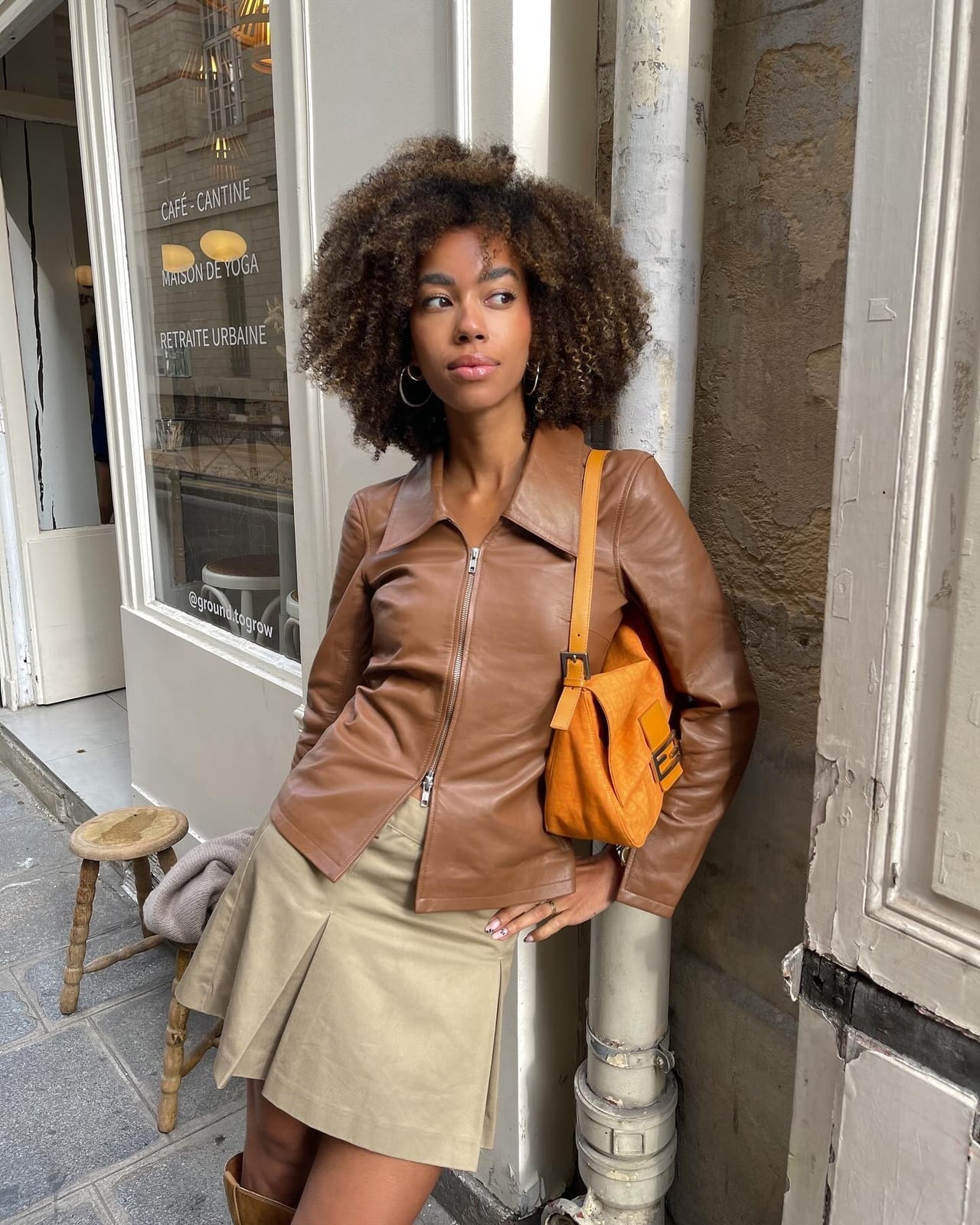 Brown Leather Zip-Up Jacket with A-Line Skirt — Brown Leather Jacket Outfit