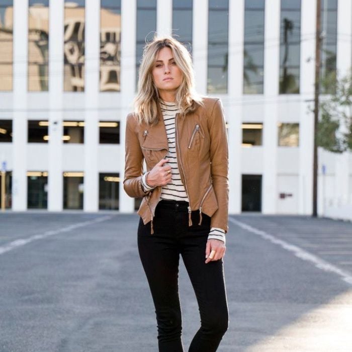 Tan Leather Jacket with Striped Shirt and Skinny Jeans — Brown Leather Jacket Outfit