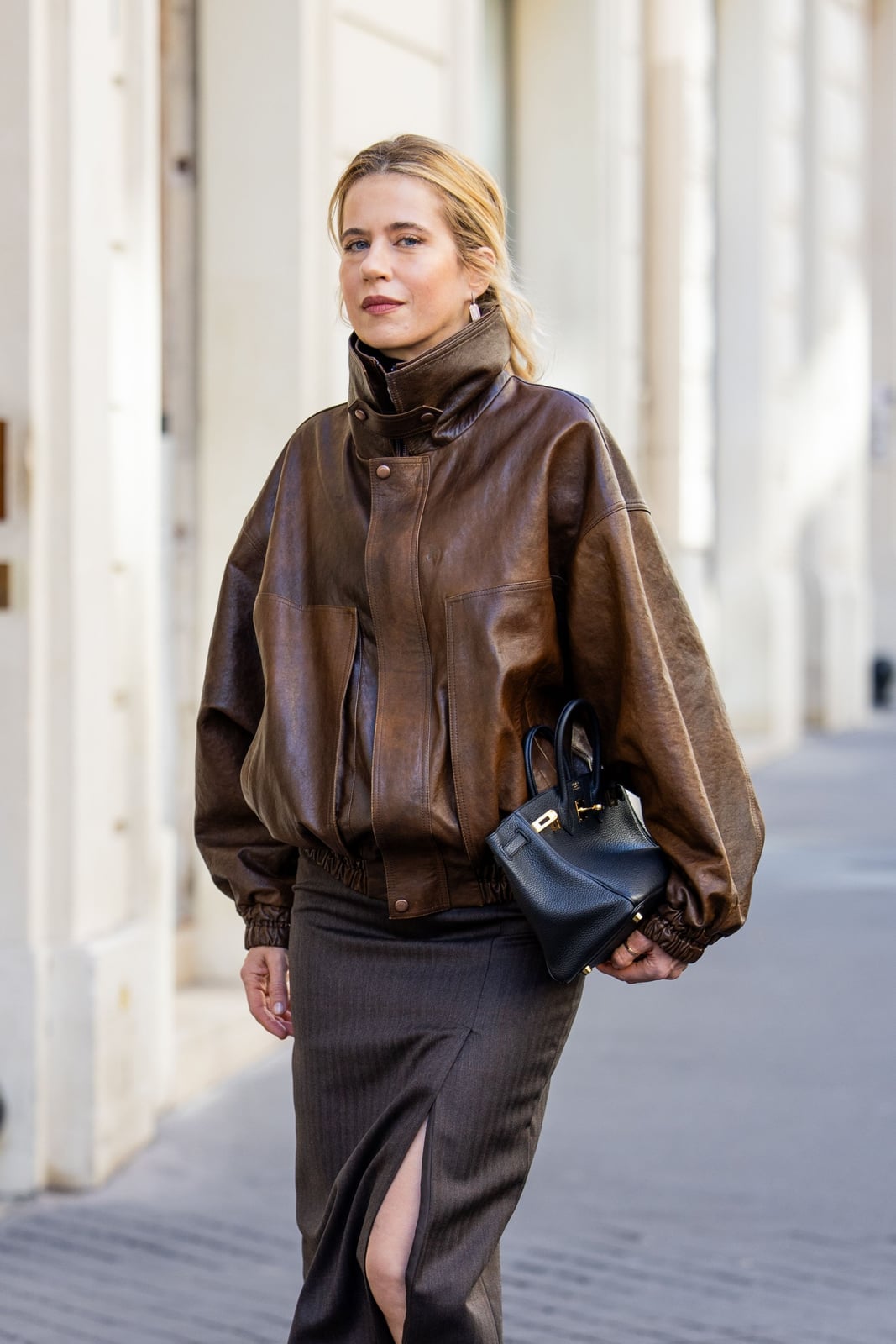 Oversized Brown Leather Bomber Jacket with Pencil Skirt — Brown Leather Jacket Outfit