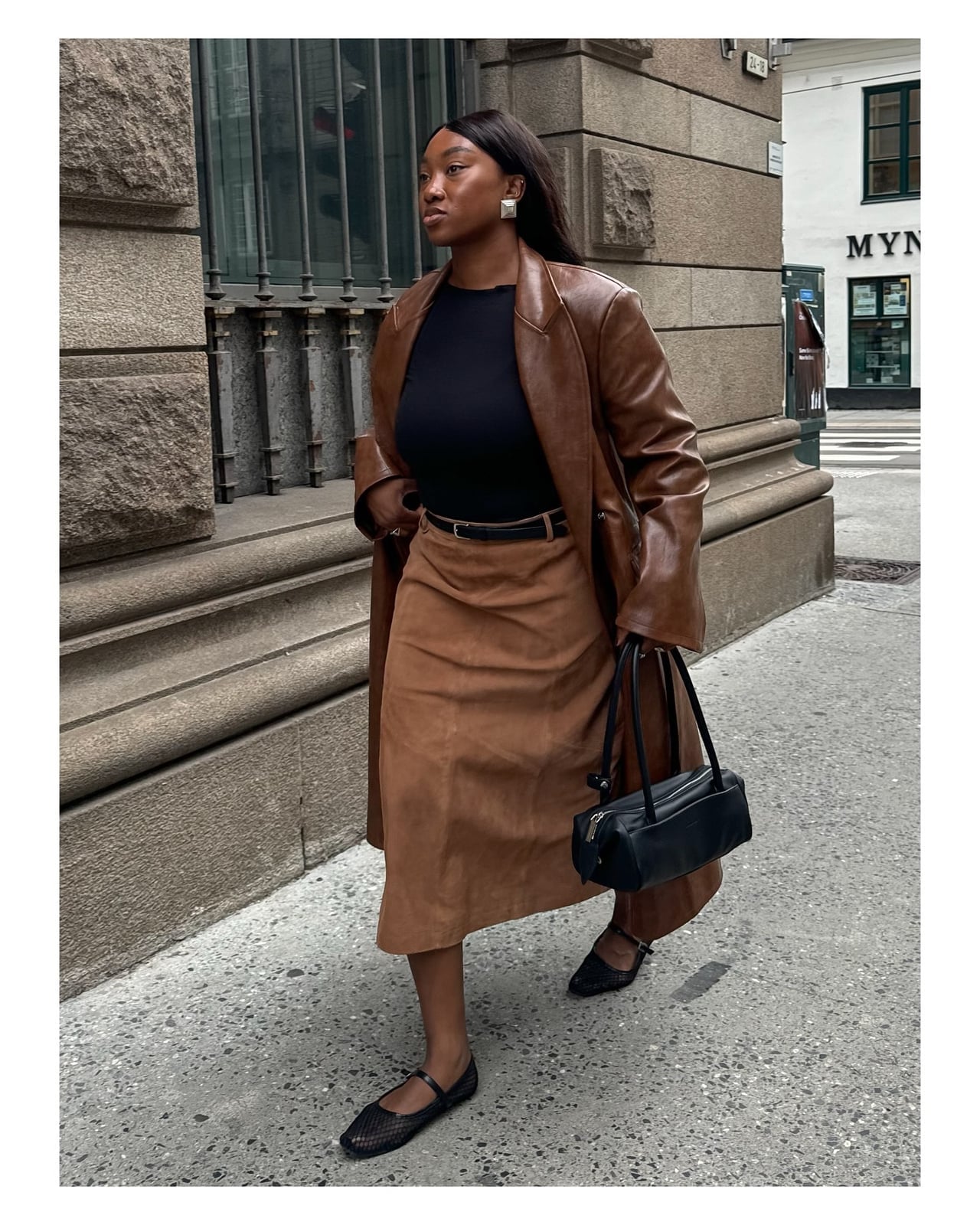 Longline Brown Leather Jacket with Midi Skirt — Brown Leather Jacket Outfit