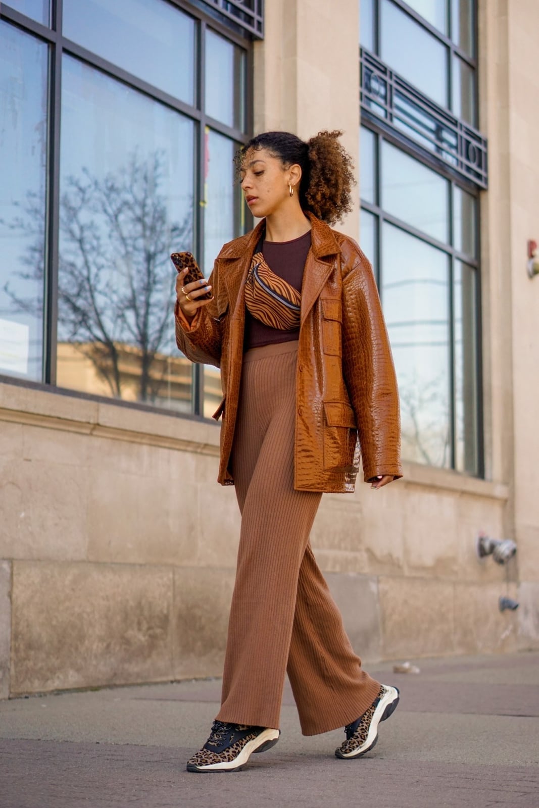 Oversized Brown Patent Leather Jacket with Wide-Leg Pants — Brown Leather Jacket Outfit