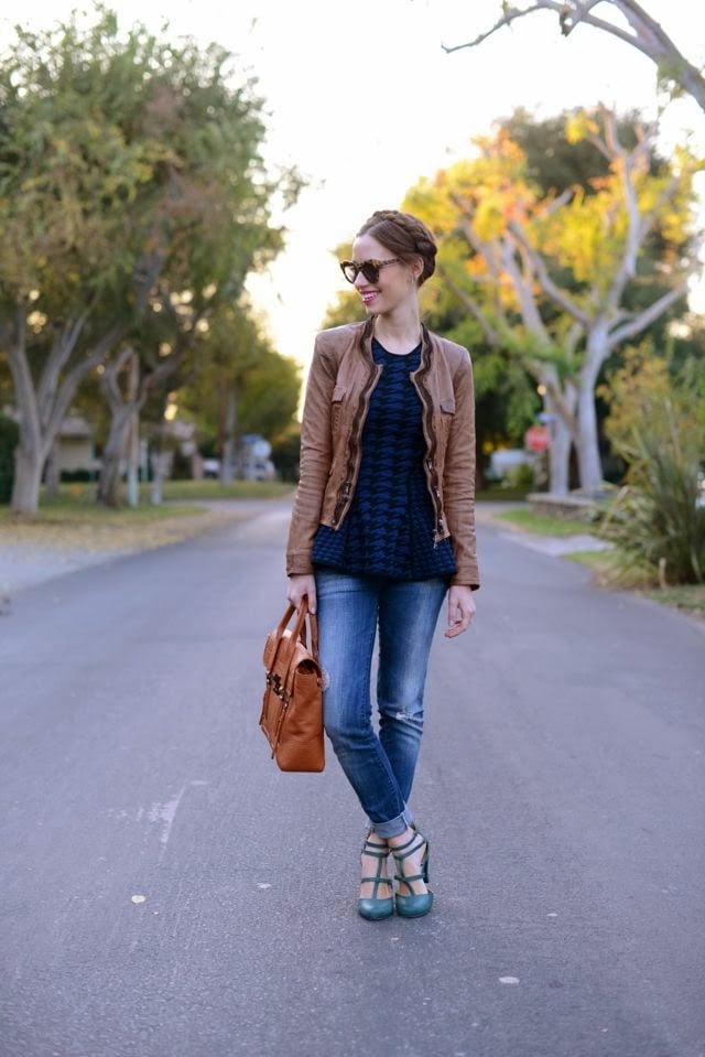 Brown Leather Jacket with Patterned Knit Top and Skinny Jeans — Brown Leather Jacket Outfit