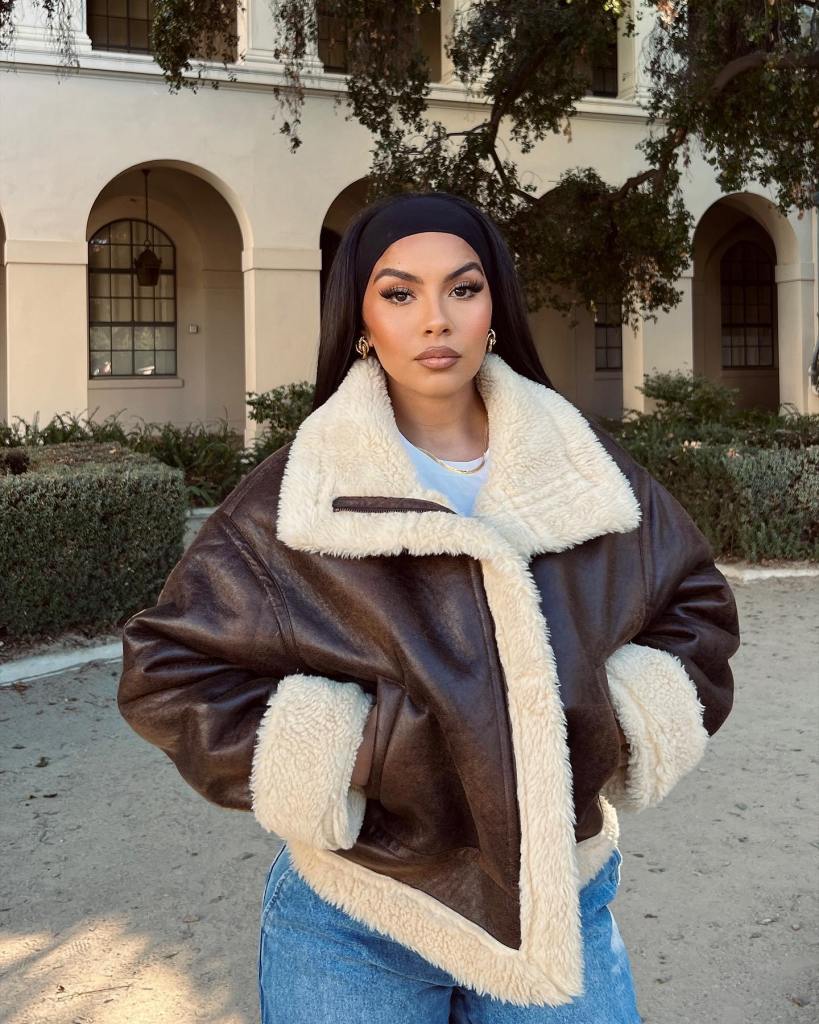 Brown Leather Jacket with Shearling Collar Over T-Shirt and Jeans — Brown Leather Jacket Outfit