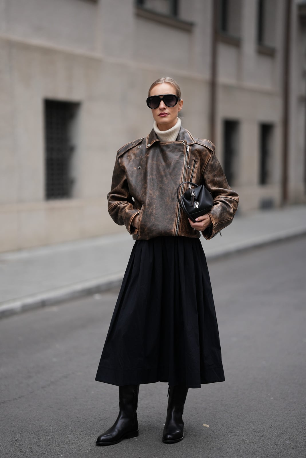 Distressed Brown Leather Jacket with Turtleneck and Midi Skirt — Brown Leather Jacket Outfit