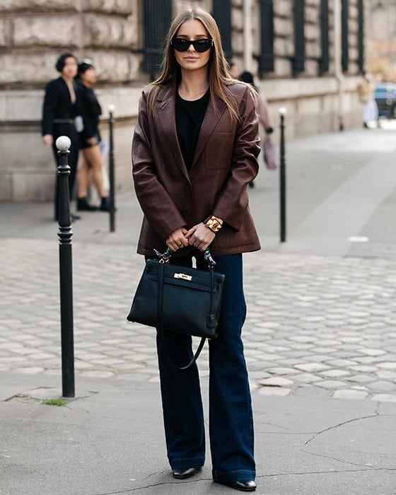 Brown Leather Blazer with Wide-Leg Jeans — Brown Leather Jacket Outfit