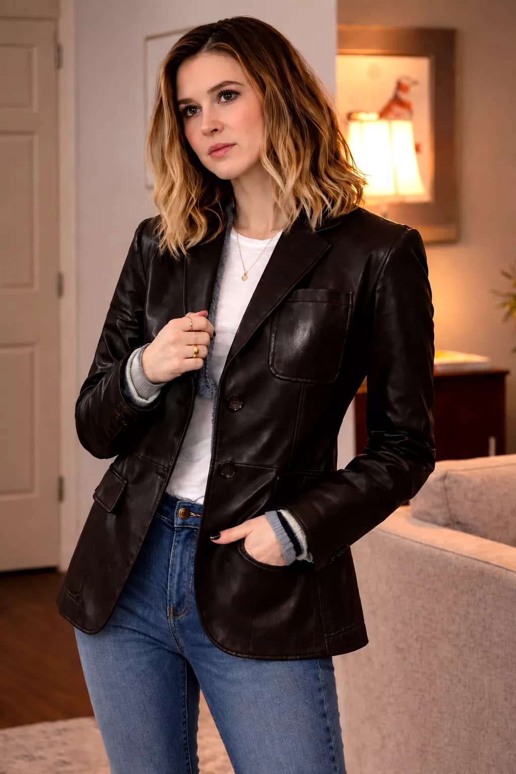 Fitted Dark Brown Leather Blazer with Gray Sweater — Brown Leather Jacket Outfit