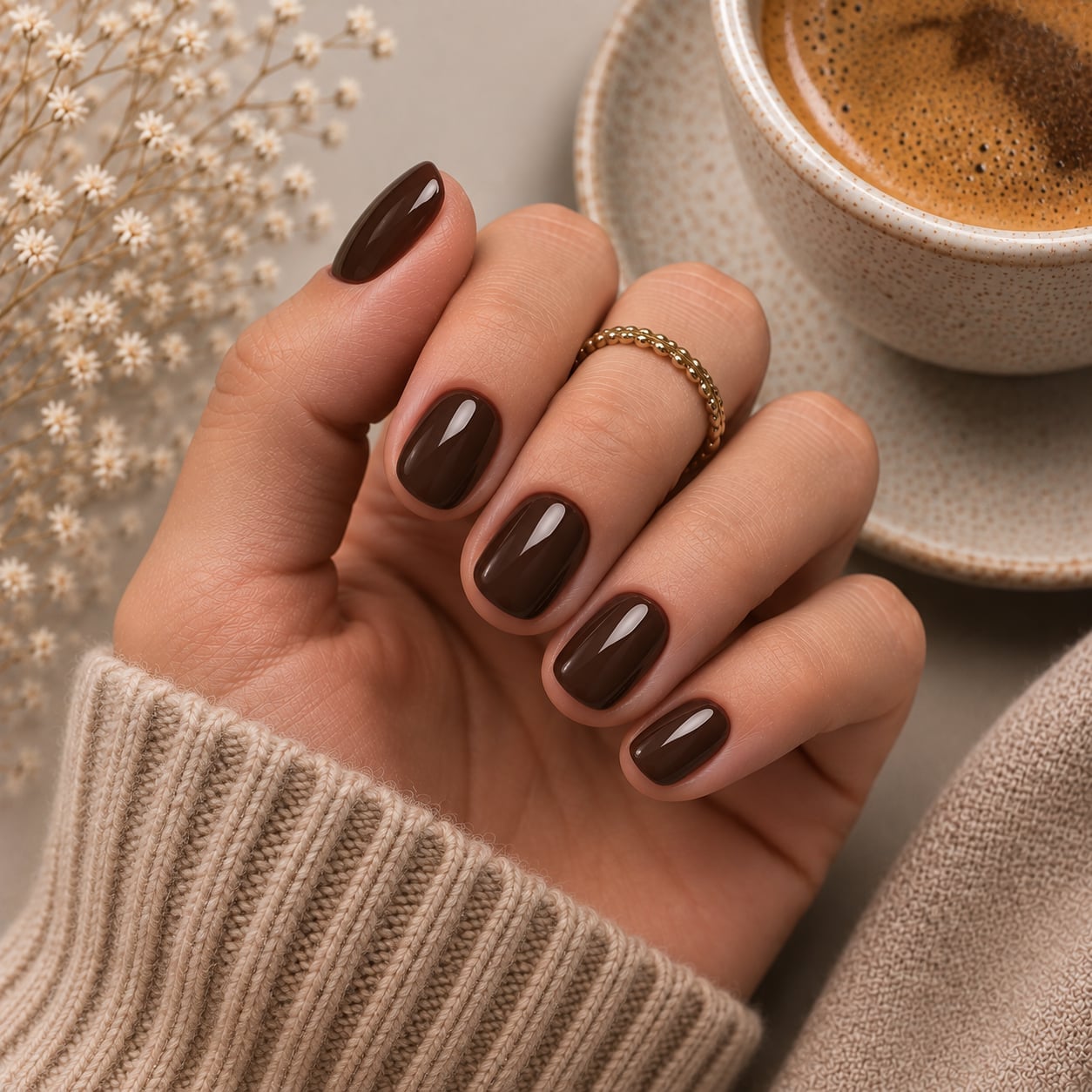 Glossy Dark Brown Short Square Nails — Brown Nails
