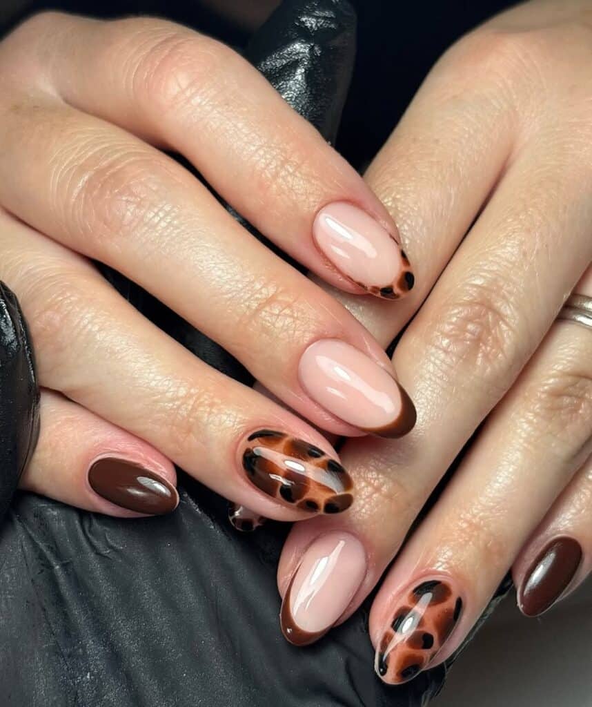 Glossy Brown Leopard Print French Oval Nails — Brown Nails