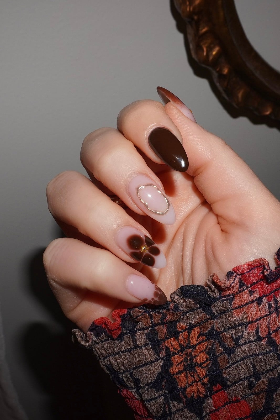 Brown Petal Dot Swirls Almond Nails — Brown Nails