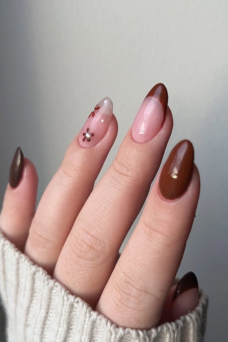 Brown Floral French Tip Almond Nails — Brown Nails