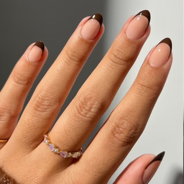 Long Stiletto Dark Brown French Nails — Brown Nails