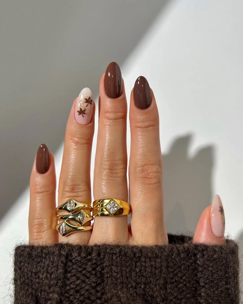Gold Leaf Brown French Almond Nails — Brown Nails