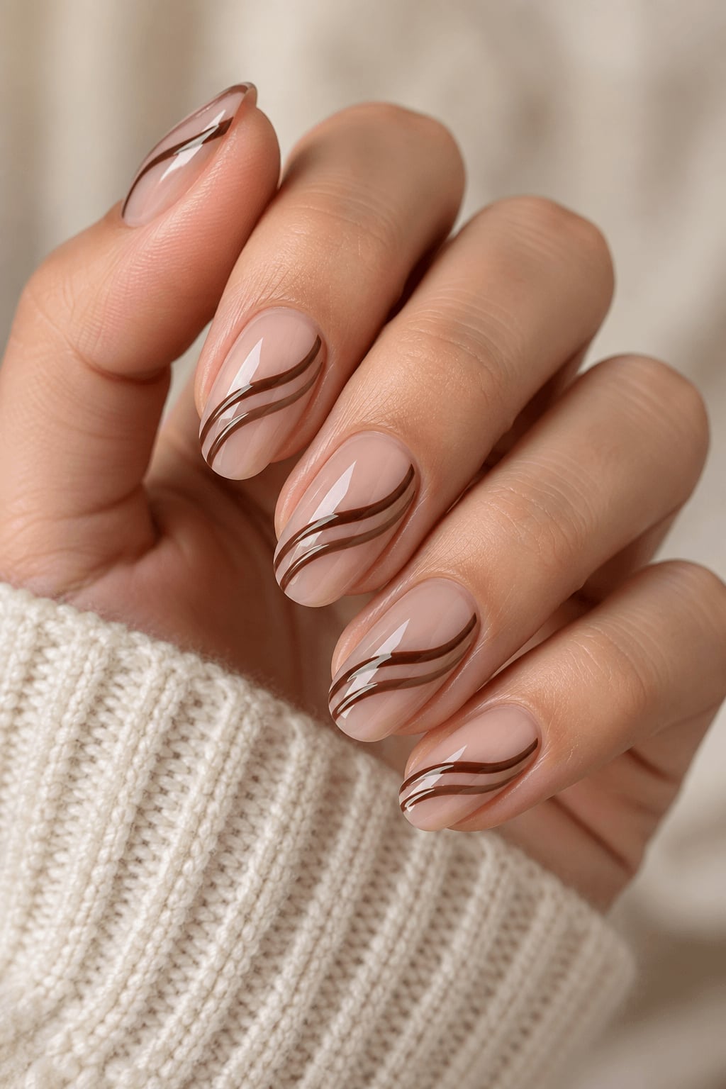 Minimalist Brown Lines on Nude Oval Nails — Brown Nails