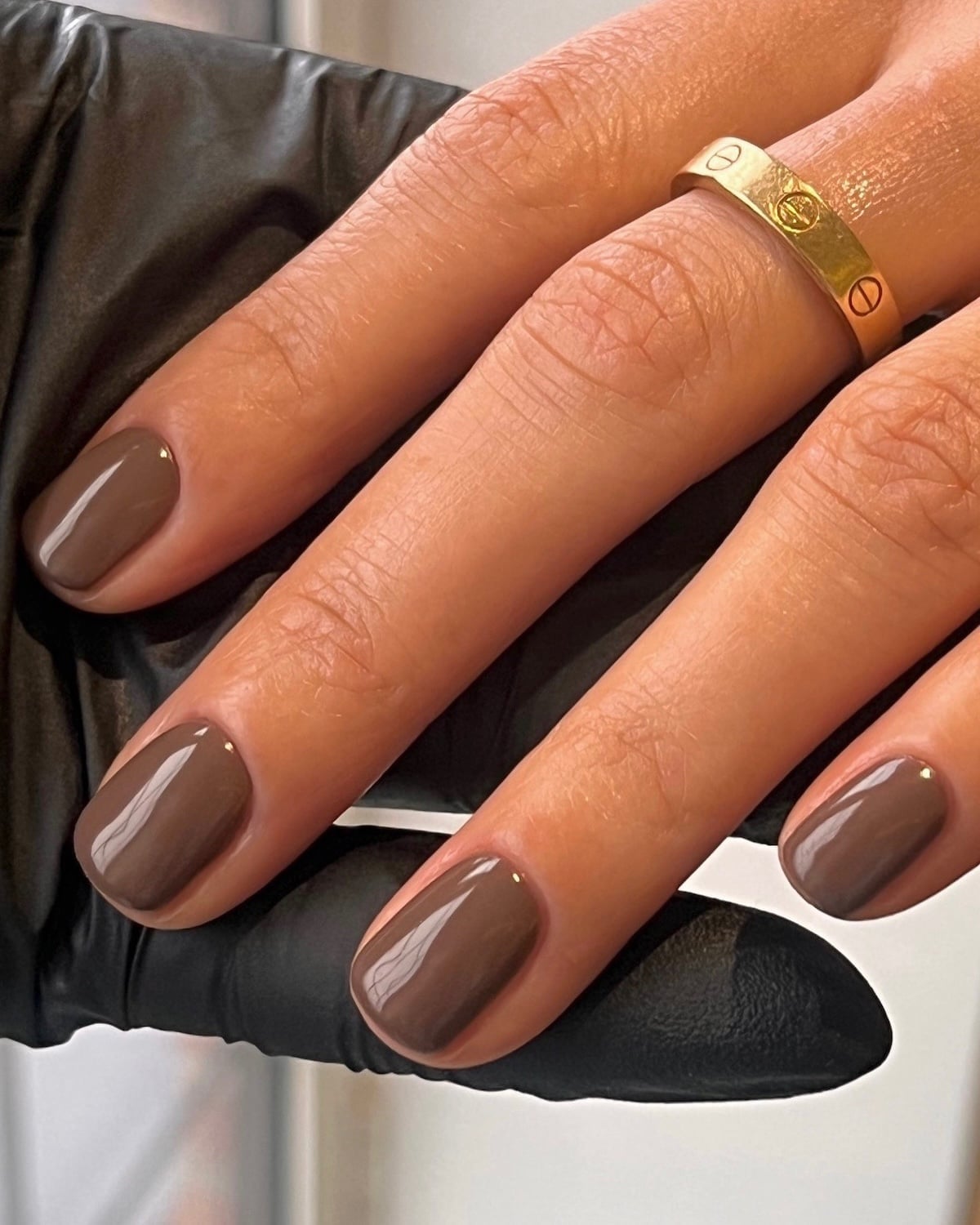 Glossy Deep Brown with Gold Dot Accent — Brown Nails