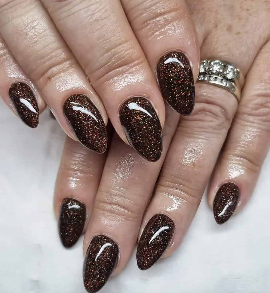 Sparkling Dark Brown Glitter Short Oval Nails — Brown Nails