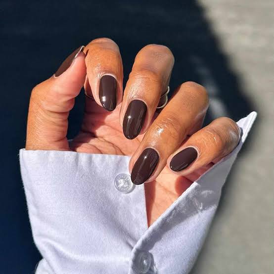 Deep Glossy Brown Medium Almond Nails, Close-Up Take — Brown Nails