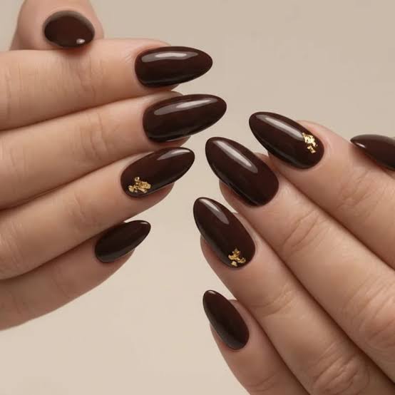 Glossy Chocolate Brown with Gold Foil Accents — Brown Nails