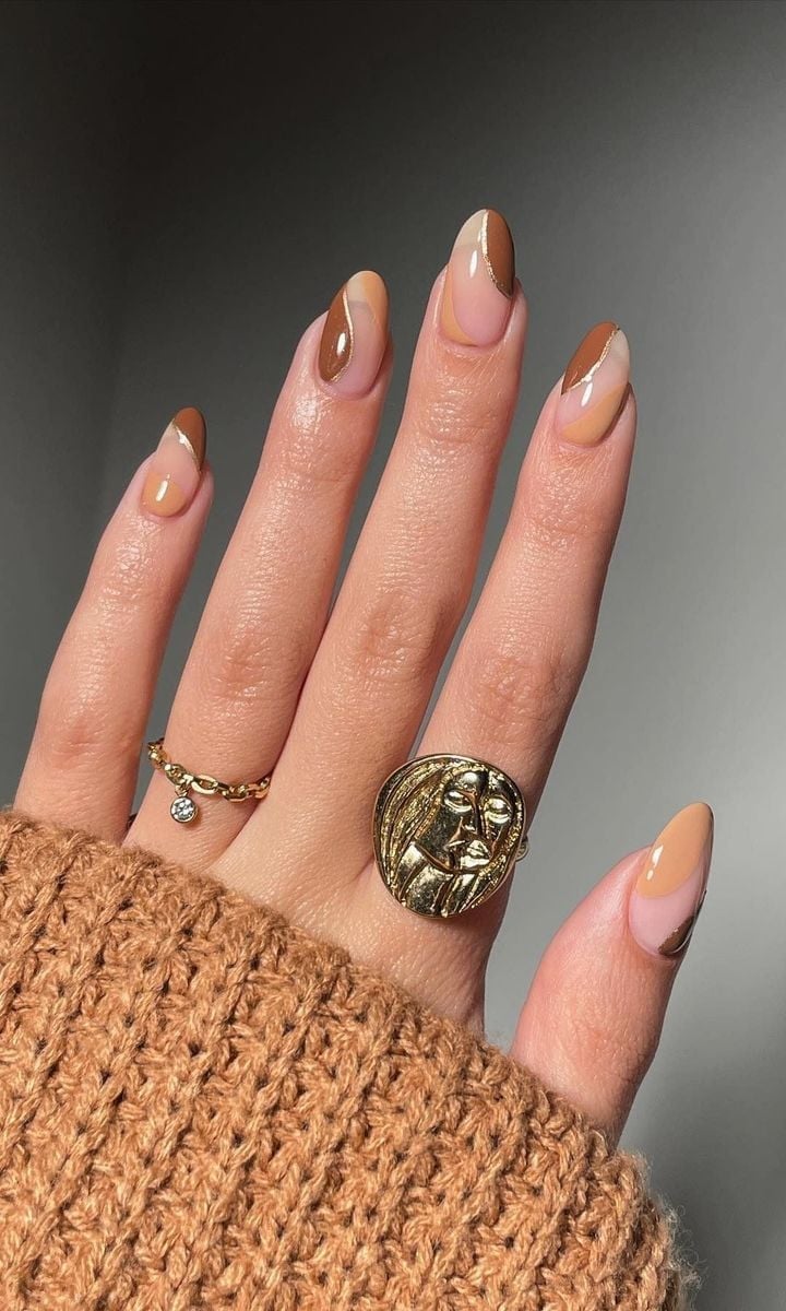 Milky Nude Swirls and Deep Brown Almond Nails — Brown Nails