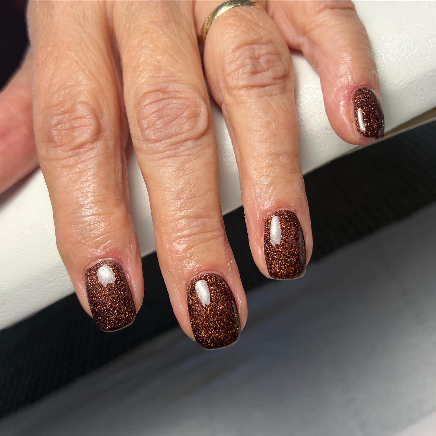 Abstract Brown and Gold Lines Almond Nails — Brown Nails
