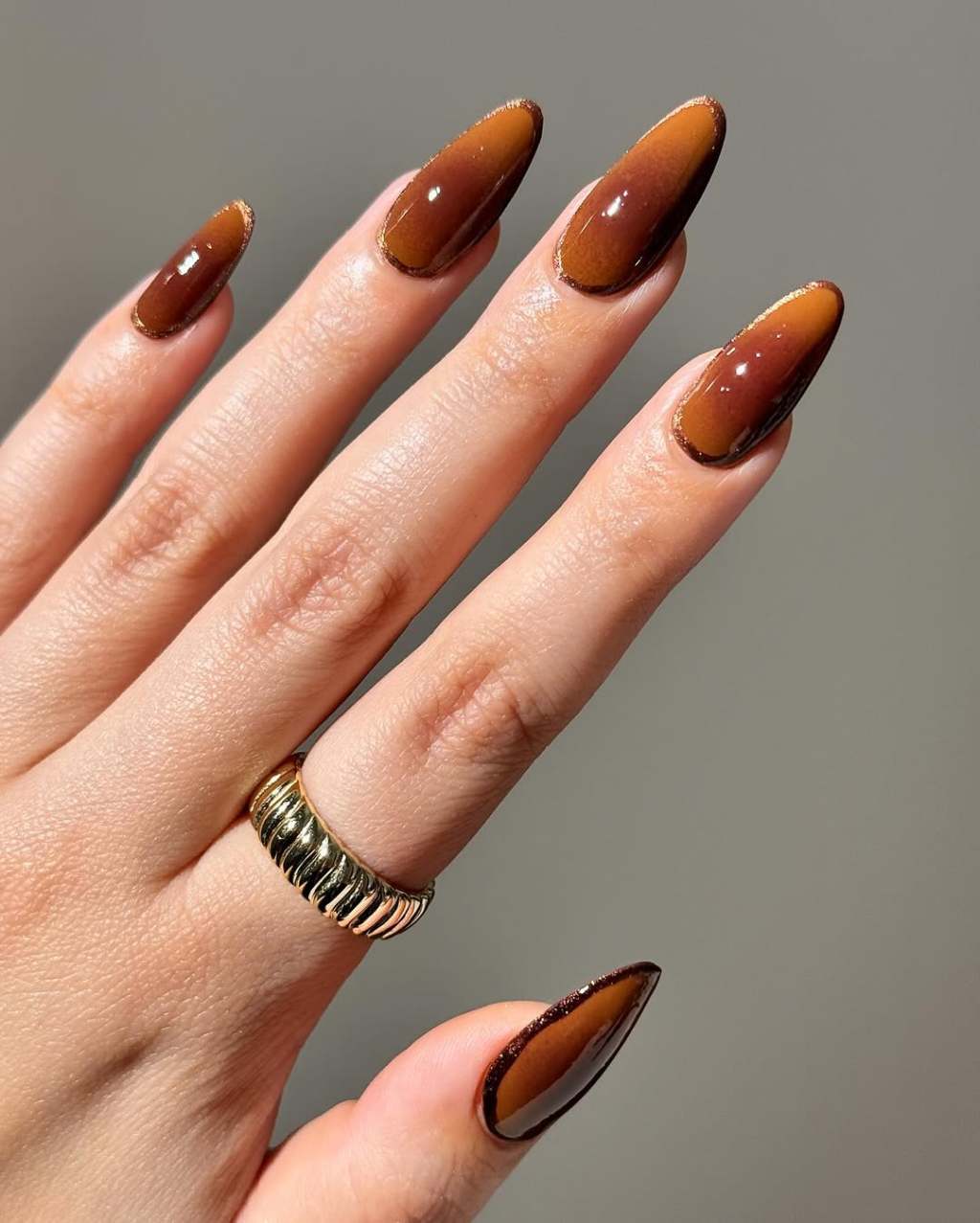 Gold Line Ombre Long Almond Nails — Brown Nails