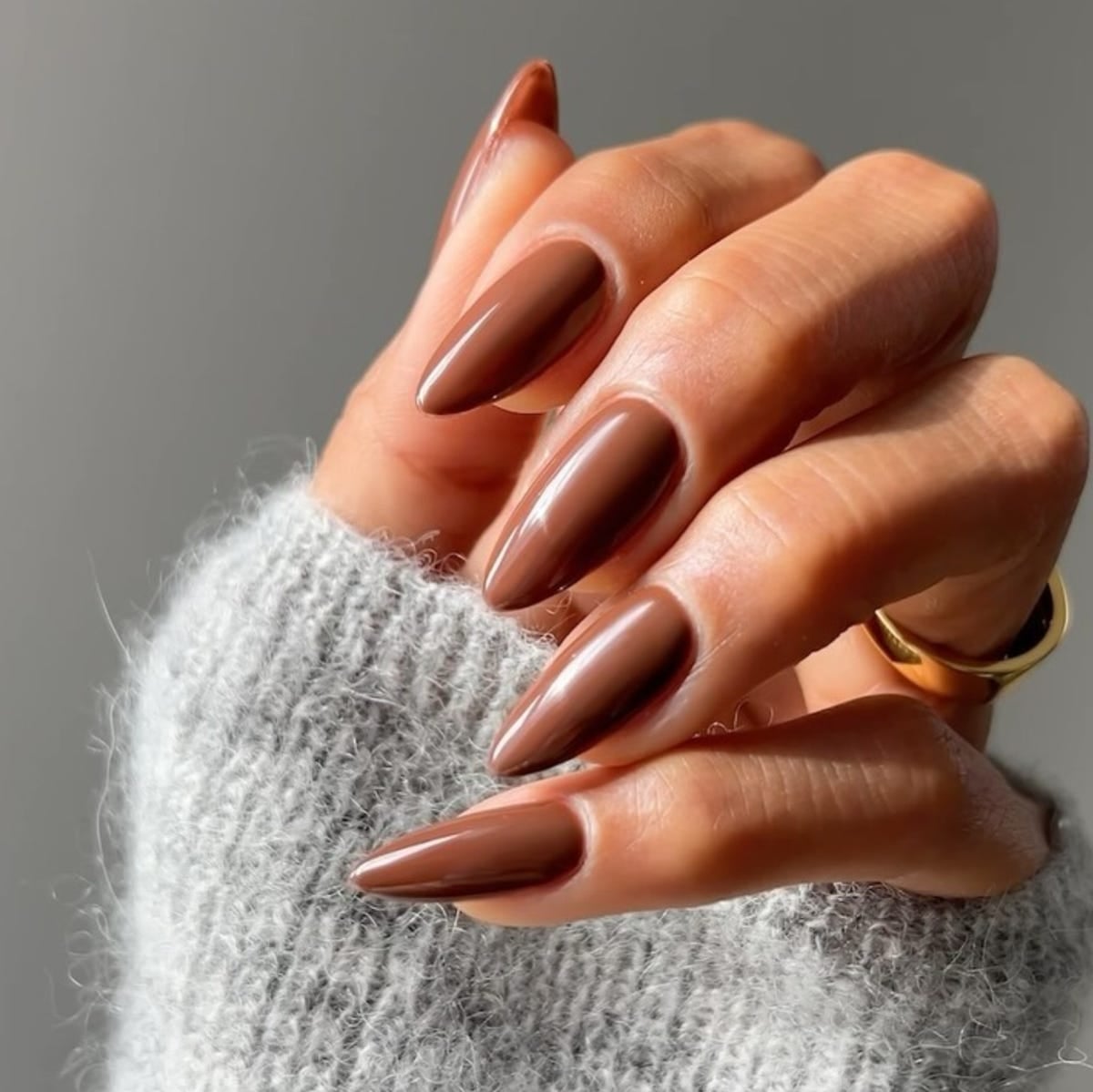 Glossy Chocolate Brown Medium Almond Nails — Brown Nails