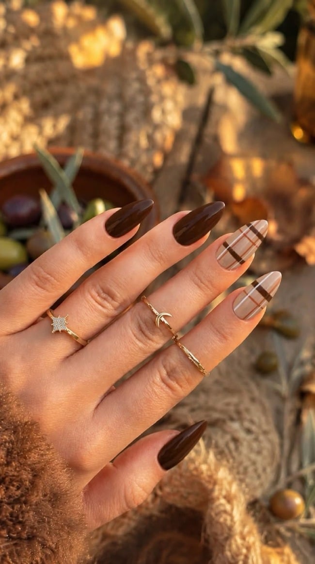 Glossy Brown Plaid Accent Almond Nails — Brown Nails