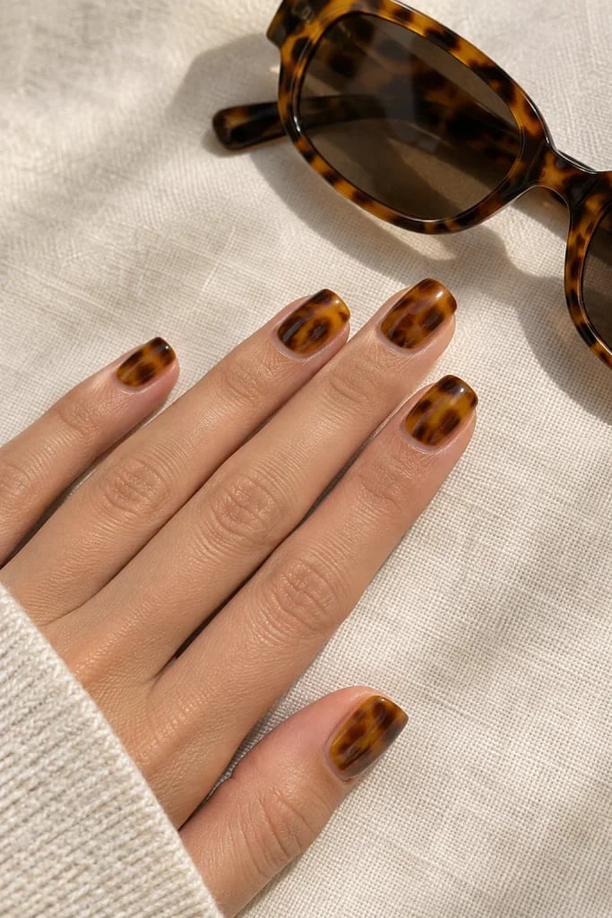 Glossy Tortoiseshell and Brown French Stiletto Nails — Brown Nails