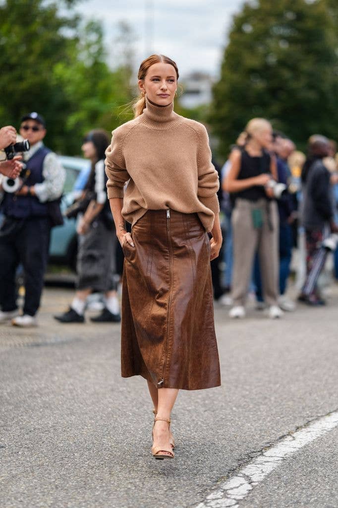 Beige Turtleneck with Brown Leather Midi Skirt — Brown Outfits