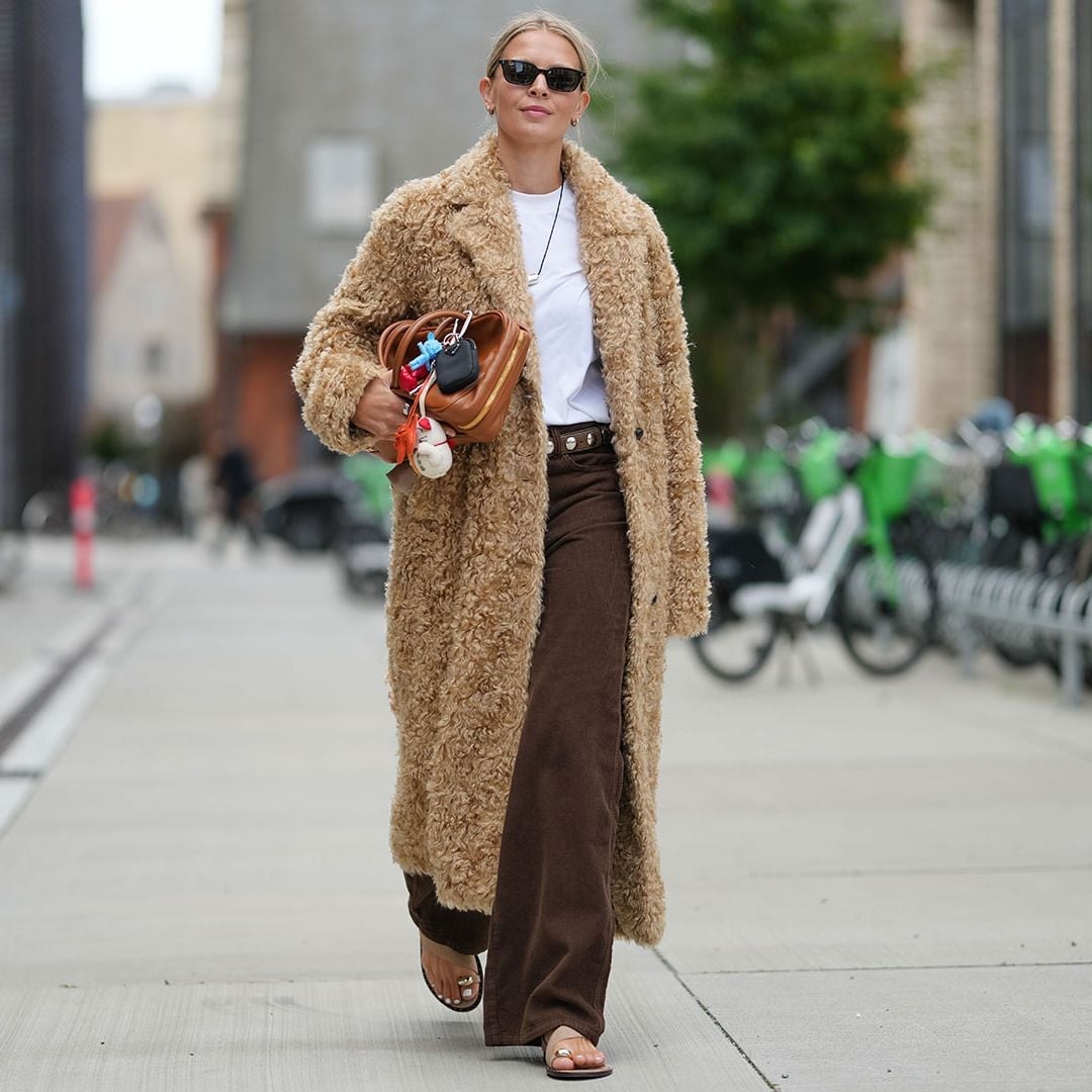 Textured Brown Faux Fur Coat Over Wide-Leg Trousers — Brown Outfits
