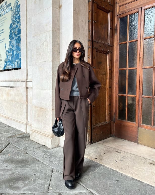 Brown Cropped Jacket with Gray Sweater and Wide-Leg Pants — Brown Outfits