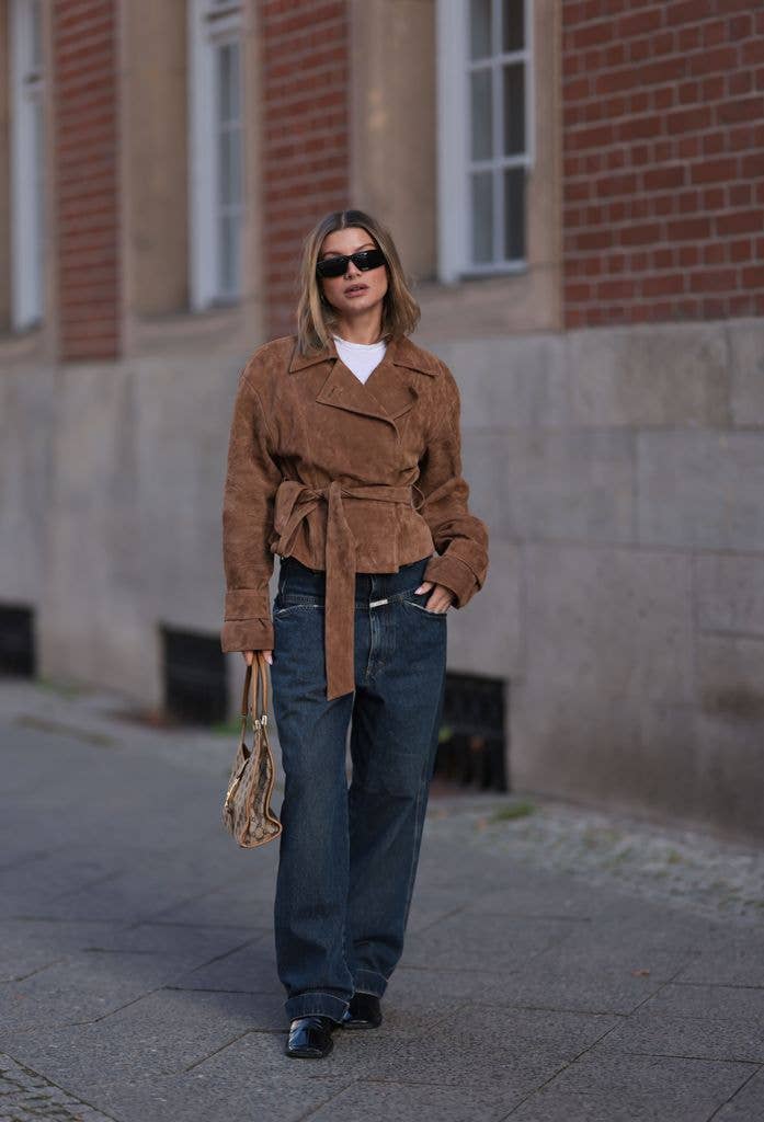 Brown Suede Wrap Jacket with Wide-Leg Jeans — Brown Outfits