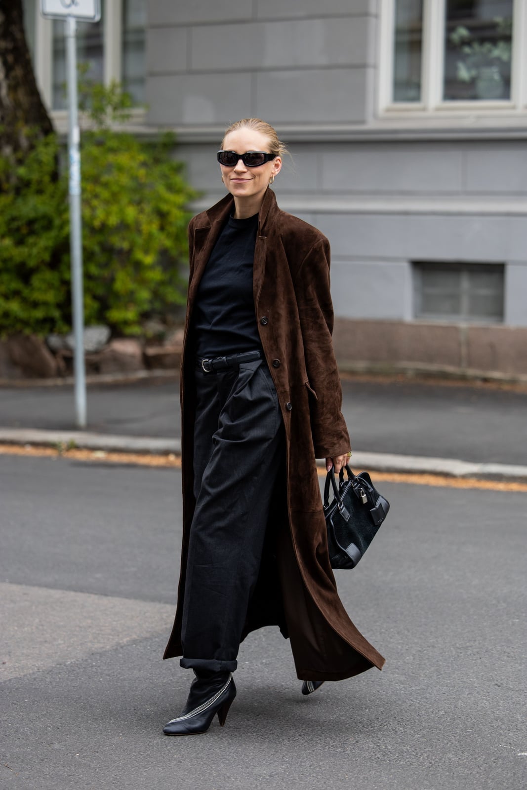 Longline Brown Suede Coat Over Black Basics — Brown Outfits
